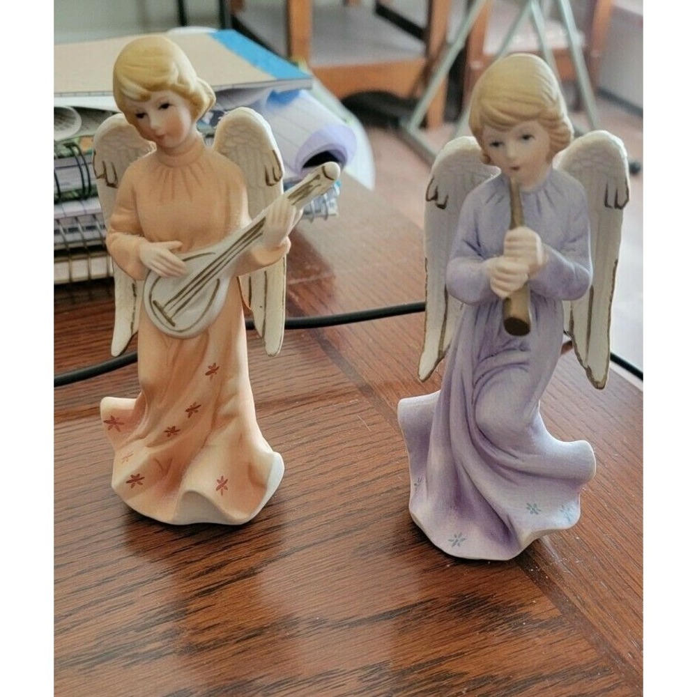 Frankel Set Of‎ 2 Vintage Ceramic Angels Playing Musical Instruments